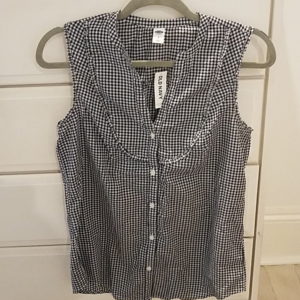 Navy gingham ruffle trim top